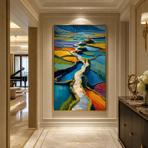 Vibrant impasto landscape wall art with terraced fields and winding path