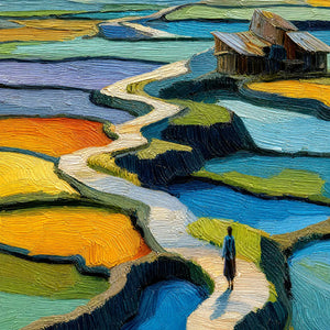 Textured impasto landscape painting with colorful terraced fields, winding path, and lone figure