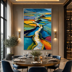 Textured impasto landscape wall art with colorful terraced fields and winding path