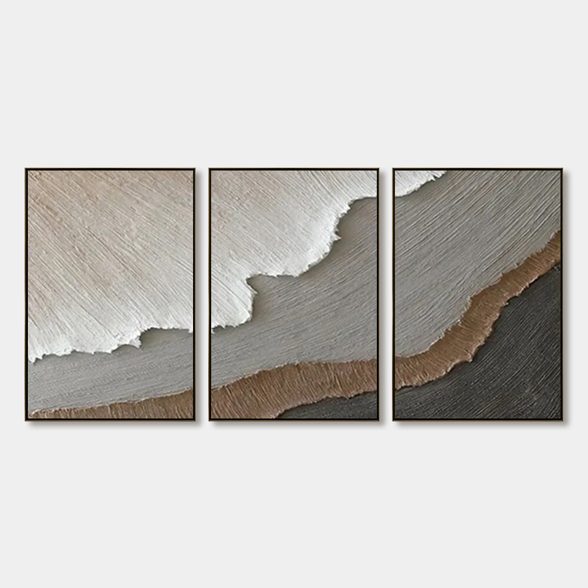 アート・デザイン・音楽 HOMMES ET TERRES D'AMERIQUE LANDS AND Terra Firma Impasto Triptych | Textured Neutral Earth Tone Wall
