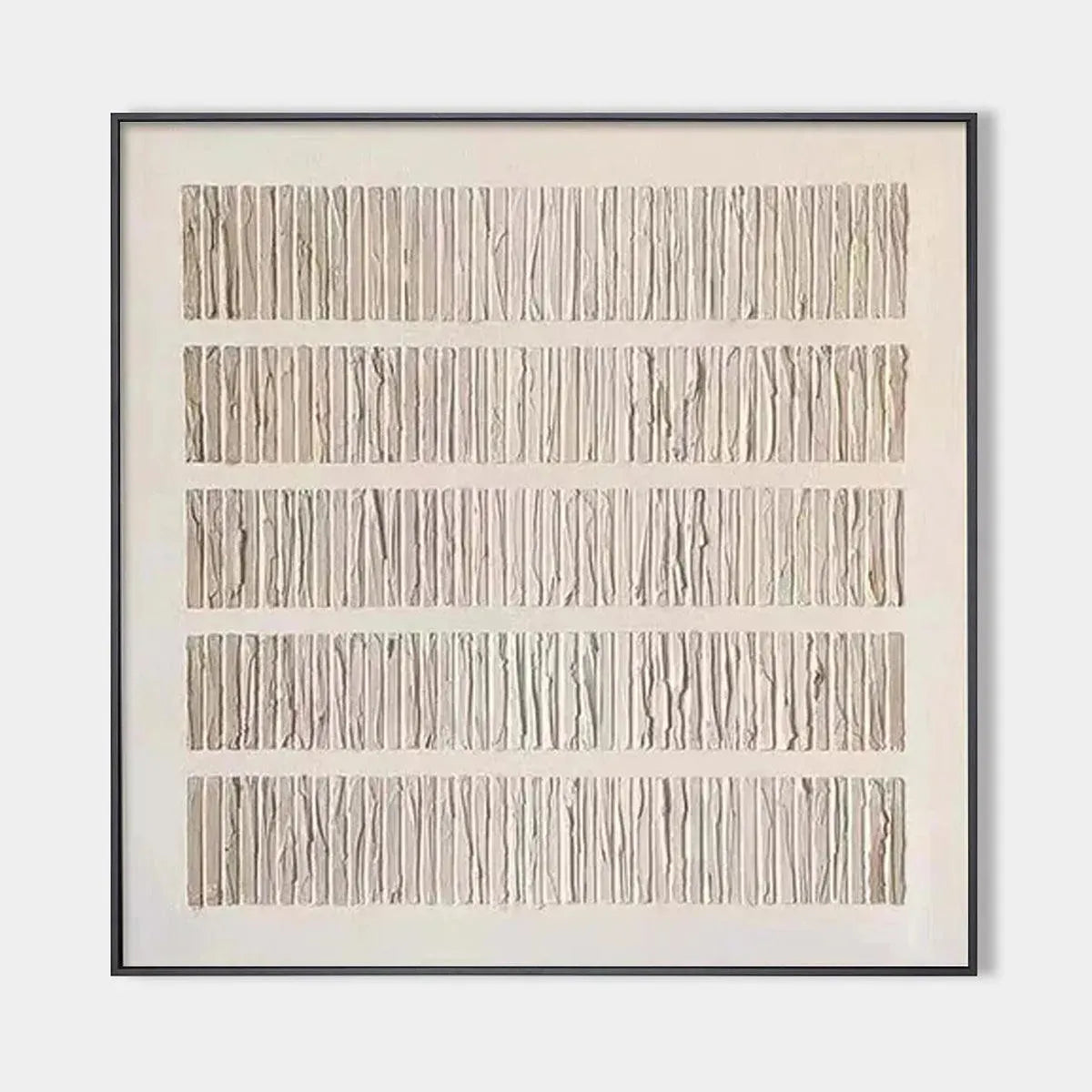 Minimalist beige textured wall art with five horizontal rows of organic vertical lines in neutral tones, framed in black.