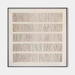 Minimalist beige textured wall art with five horizontal rows of organic vertical lines in neutral tones, framed in black.