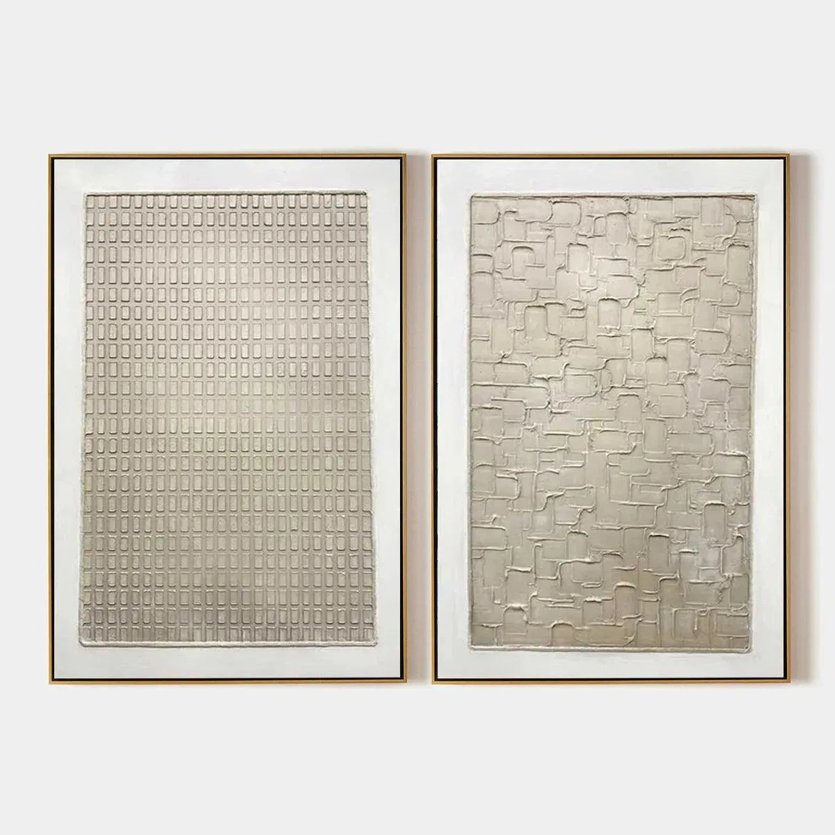 Textured Beige Grid Set of 2 by Javier Ramirez: Minimalist textured paintings in beige tones, framed art for modern decor.