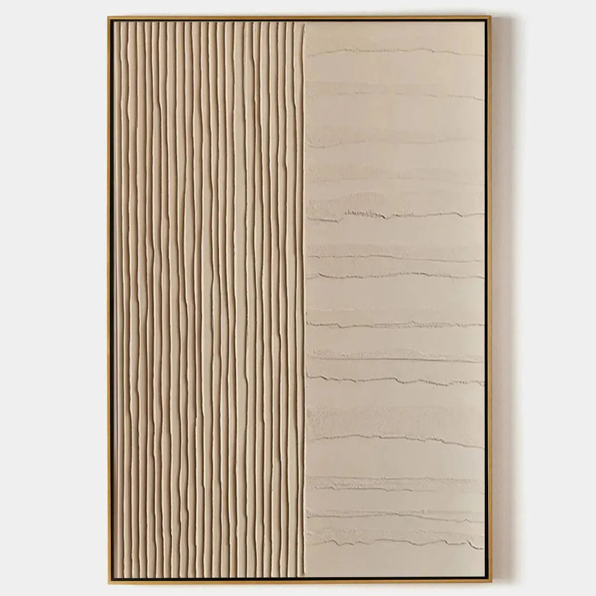 Textured beige painting by Javier Ramirez. Minimalist artwork with vertical and horizontal lines. Gold frame.