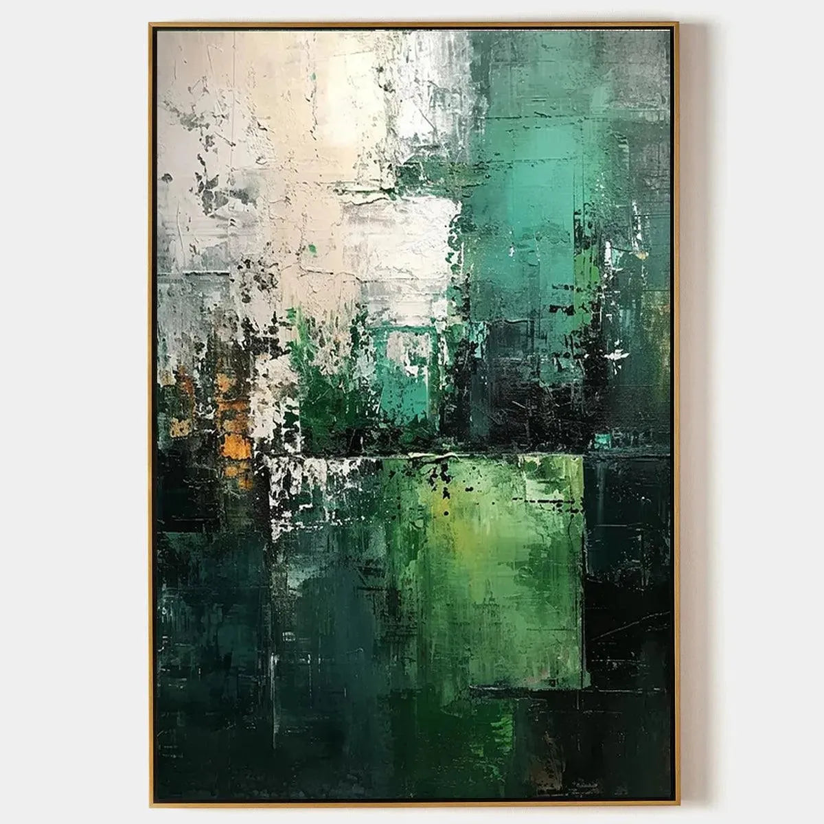 Impasto Green Abstract painting by Isabella Rossi. Textured modern wall art with green and gold tones.