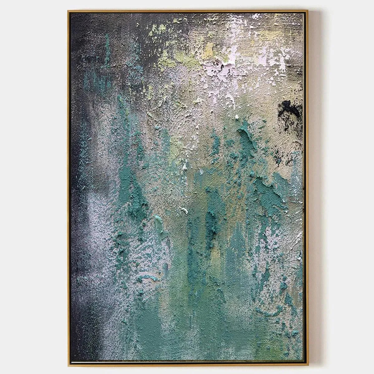 Textured Green Abstract by Isabella Rossi: Impasto painting with green and black textures, framed vertical wall art.