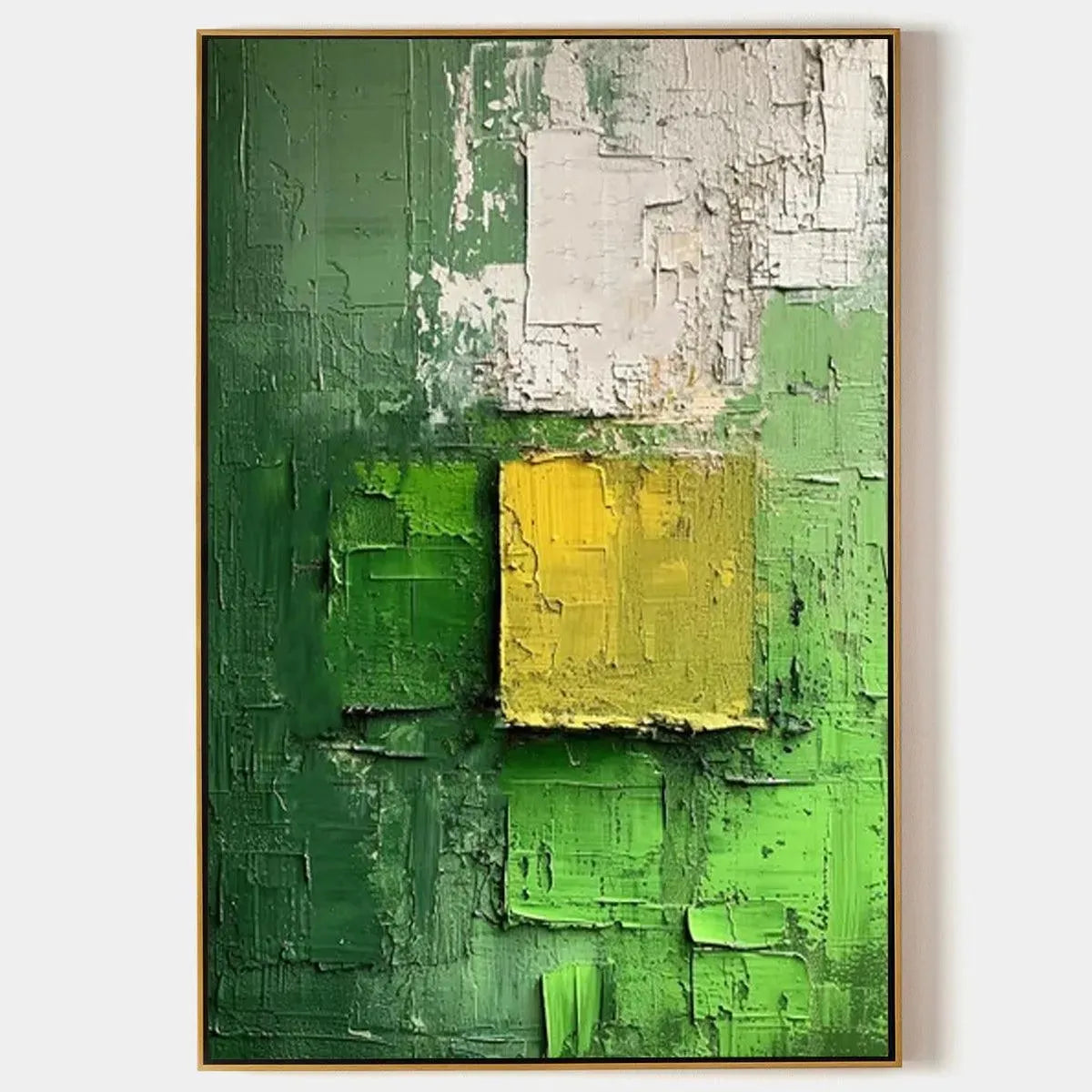 Textured Green and Yellow Abstract Painting by Isabella Rossi, Vertical Wall Art, modern art with vibrant color contrast.