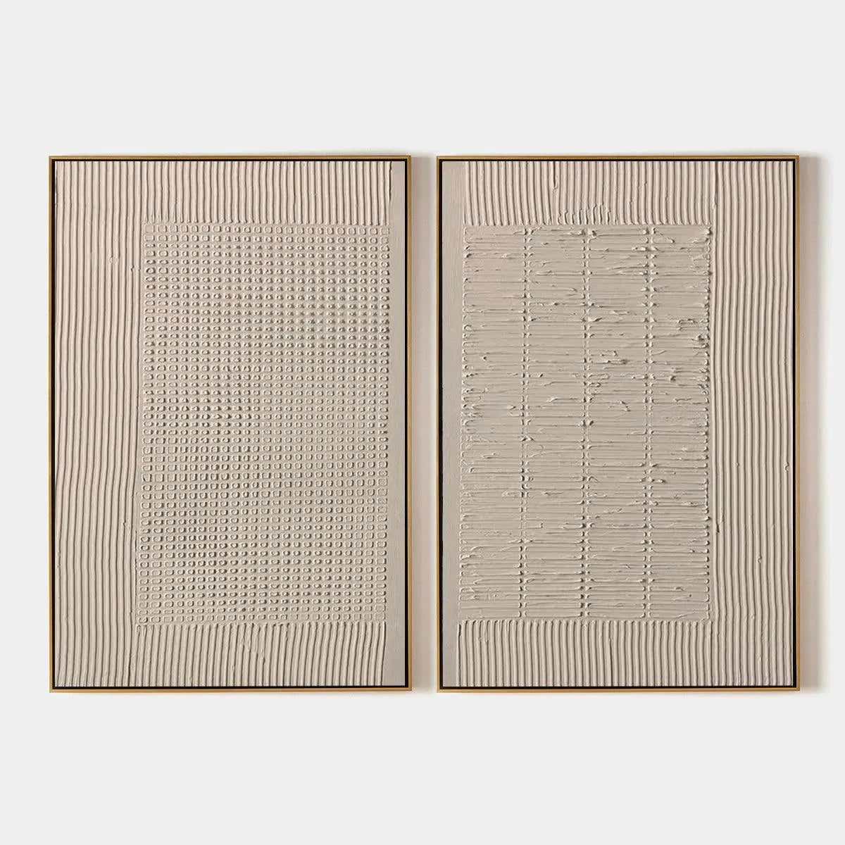 Textured Grid Duo: Set of 2 beige abstract paintings by Javier Ramirez, with minimalist texture and modern elegance.