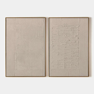 Textured Grid Duo: Set of 2 beige abstract paintings by Javier Ramirez, with minimalist texture and modern elegance.