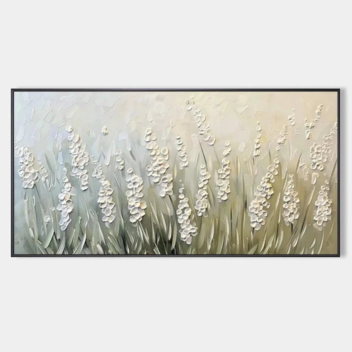 Textured Meadow original oil painting: white floral landscape with impasto technique in green tones, black framed.