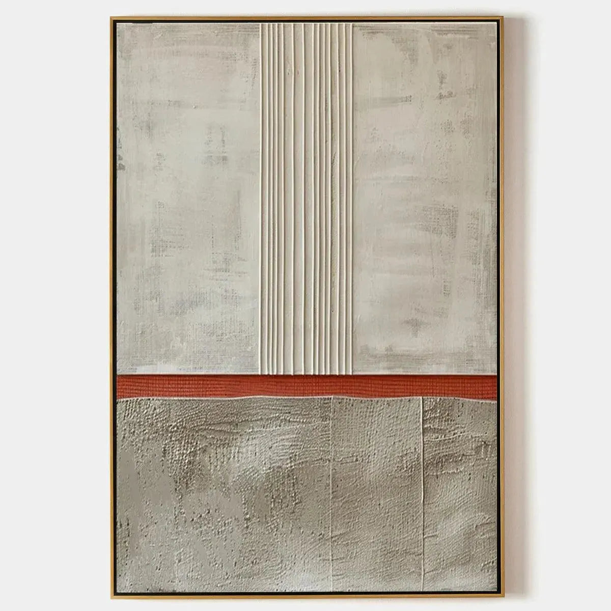 Javier Ramirez's Textured Minimalist Landscape. Beige, terracotta abstract art with textured layers and lines.