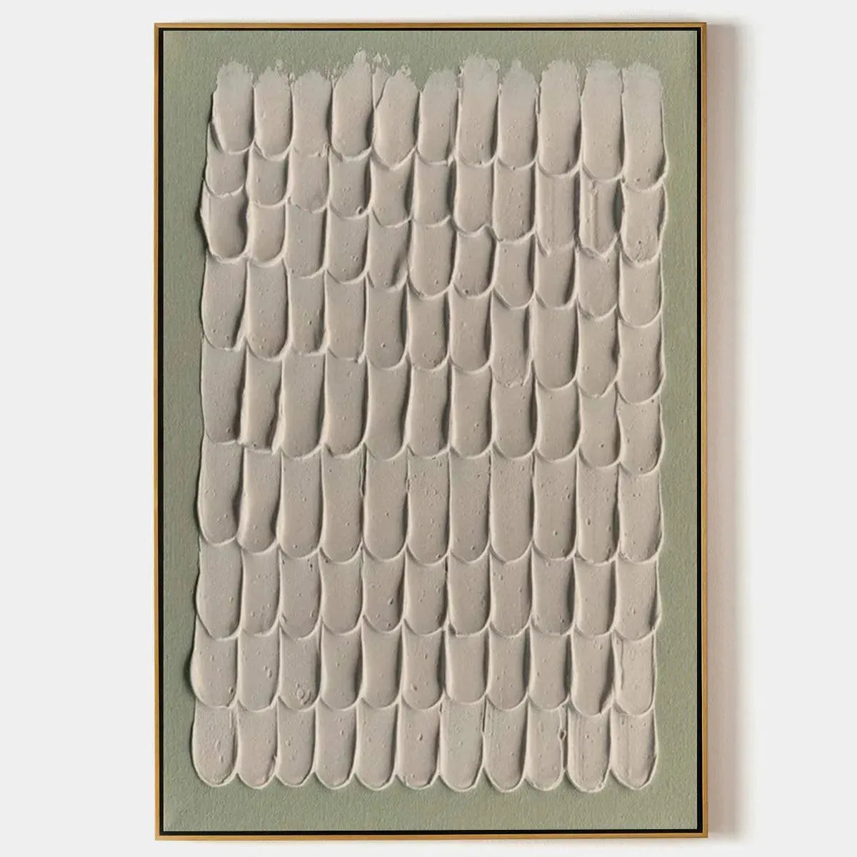 Textured Scales abstract art by Liam O'Connell, neutral tones on green. Wabi Sabi inspired, textured artwork.