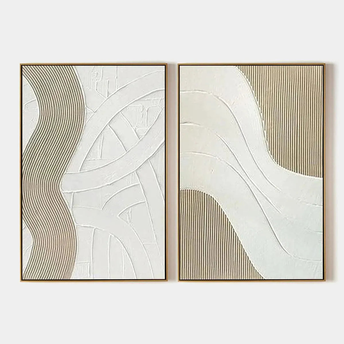 Textured White Lines Diptych: Set of 2 minimalist paintings with raised white line art on beige textured background.