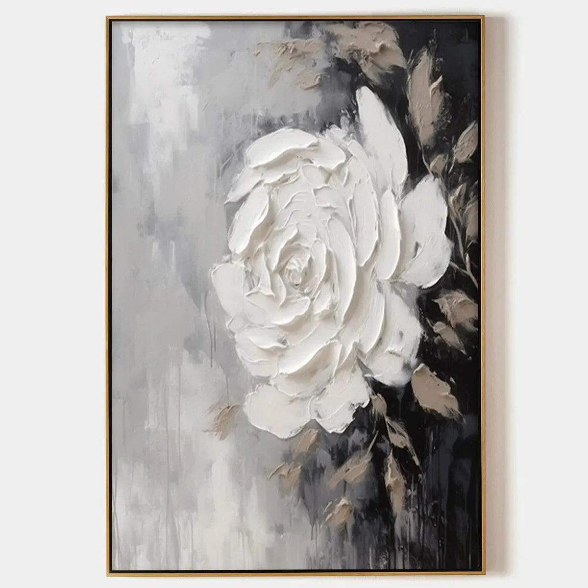 Textured White Rose Impasto Painting, square wall art, Isabella Rossi artwork, white rose on gray background