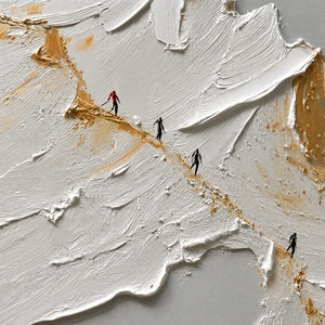 Textured abstract mountain impasto oil painting in white and gold with red figure