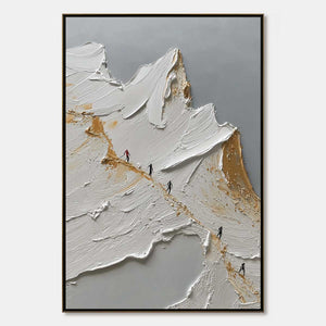 Textured abstract mountain impasto oil painting with white, gold, and gray peaks