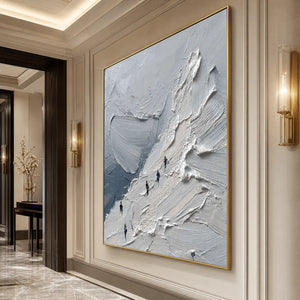 Textured impasto mountain oil painting wall art with snowy peaks and tiny climbers in gold frame