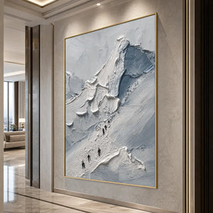 Textured mountain climbers wall art in blue and white, gold framed modern abstract painting
