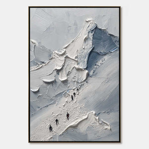 Textured abstract mountain climbers wall art in gray and white palette knife acrylic