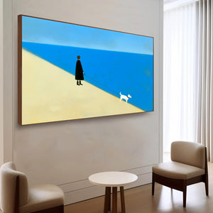 The Companion: original minimalist oil painting of figure and dog on beach. Modern wall art.