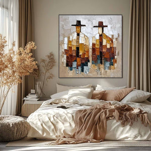 THE COMPANIONS: Heavily Textured Abstract Figurative Palette Knife Oil Painting