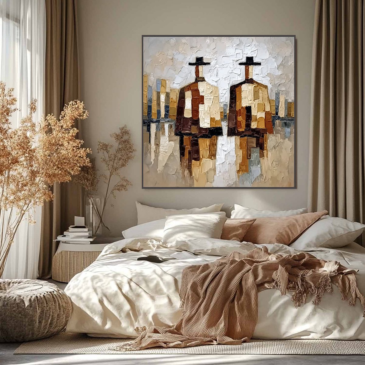THE COMPANIONS: Textured Abstract Cityscape Painting of Two Figures