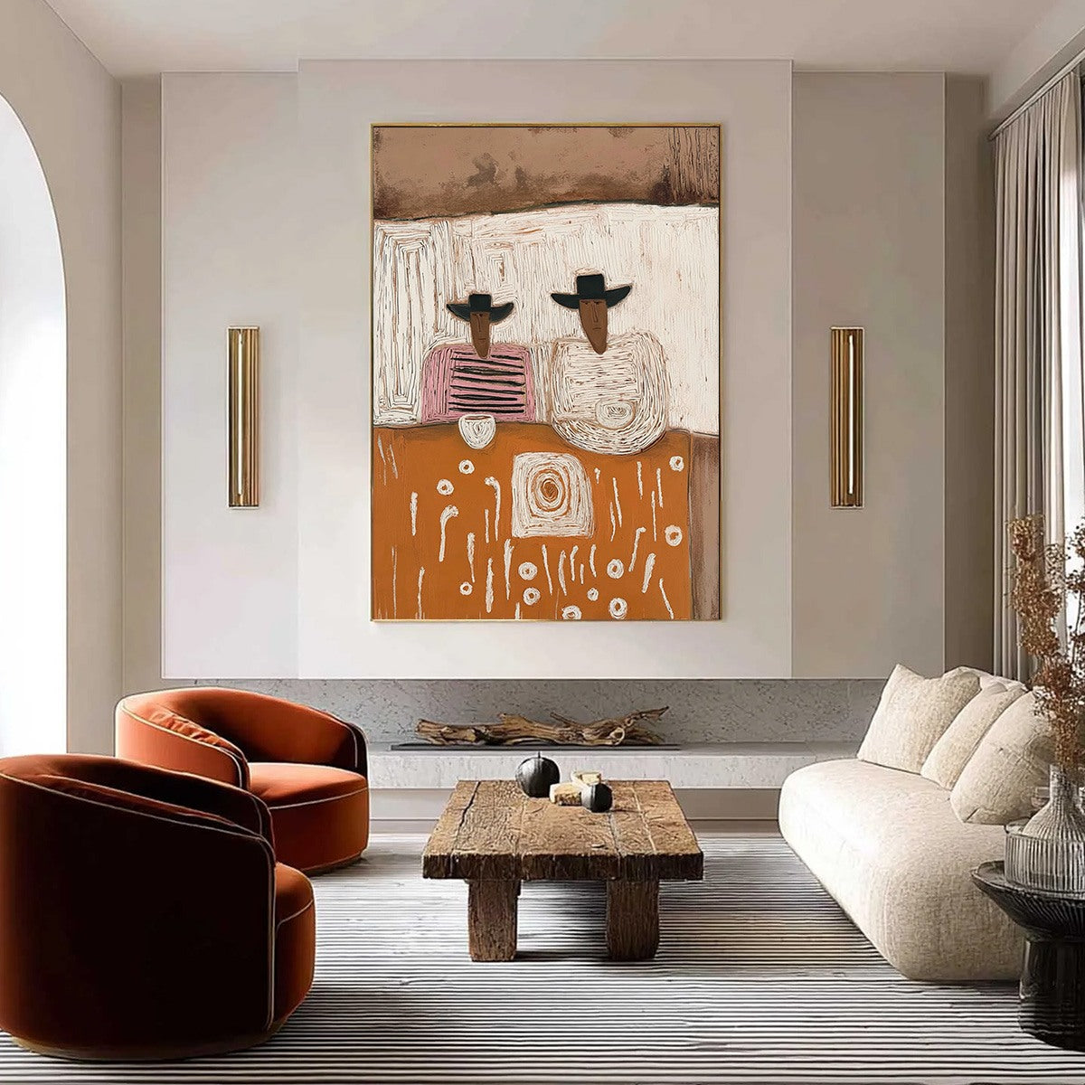 Original impasto oil painting 'The Companions': textured figures, terracotta, boho style.