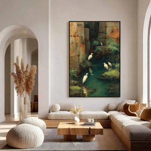THE FORGOTTEN OASIS: Vertical Egret Painting of Birds in a Serene Natural Sanctuary