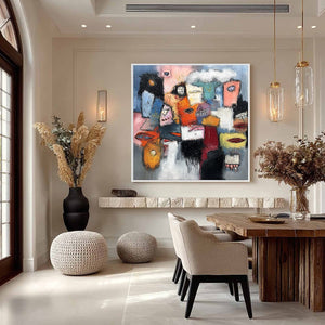 THE GATHERING: Large Colorful Square Abstract Impasto Wall Art