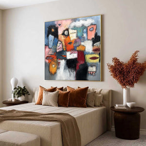 THE GATHERING: Large Colorful Square Abstract Impasto Wall Art
