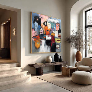 THE GATHERING: Large Colorful Square Abstract Impasto Wall Art