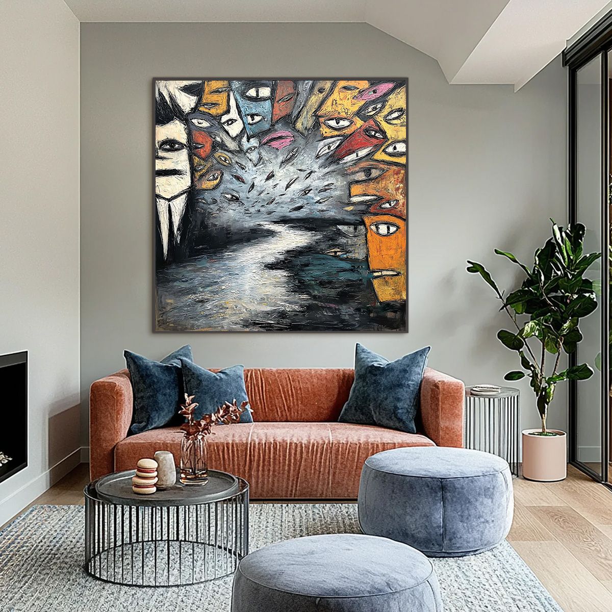THE GATHERING: Large Square Abstract Figurative Impasto Painting