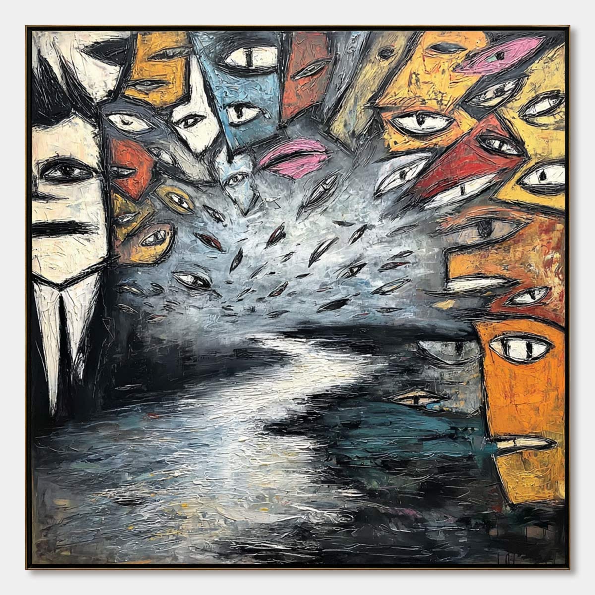 THE GATHERING: Large Square Abstract Figurative Impasto Painting