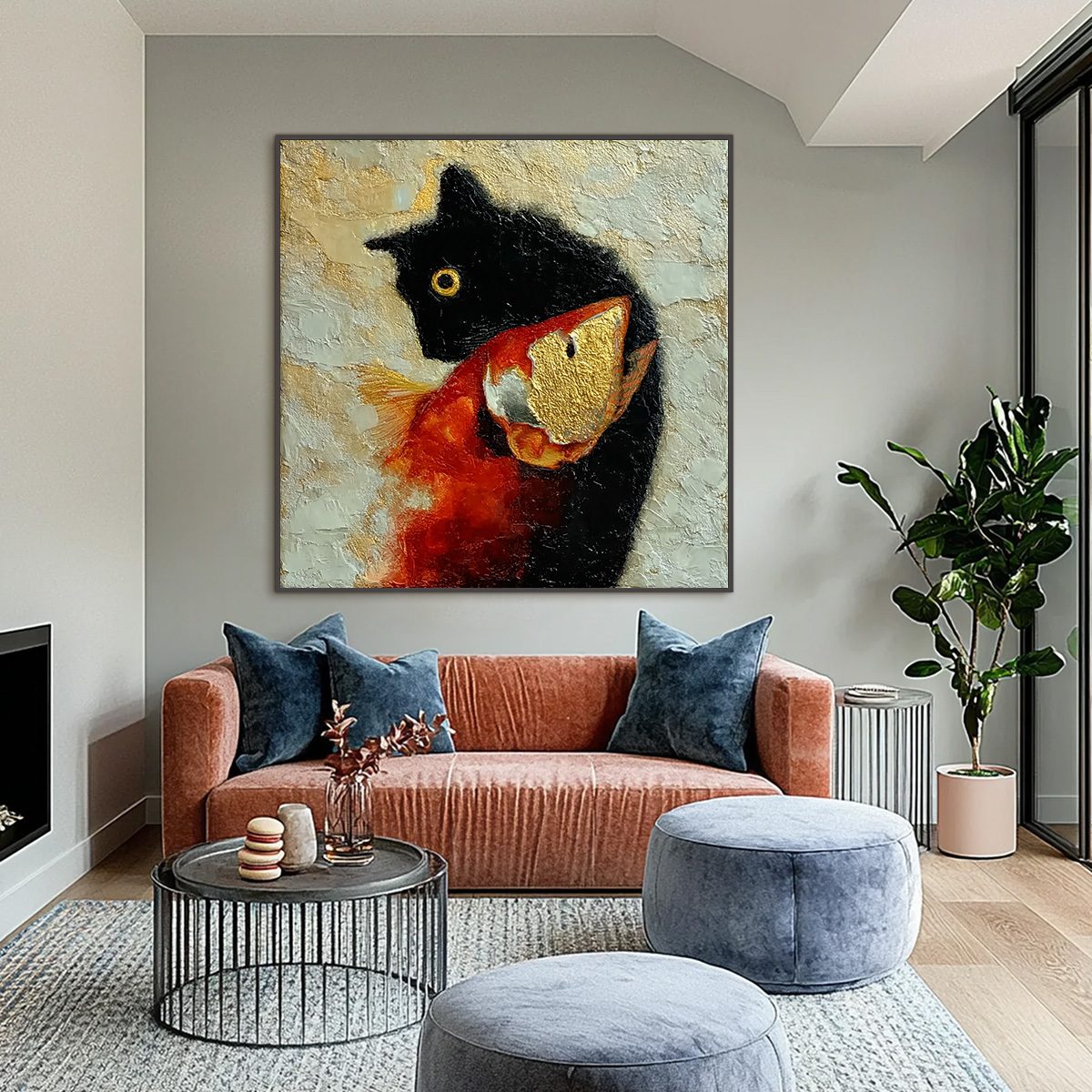 THE GOLDEN CATCH: Textured Impasto Painting of a Cat and Fish