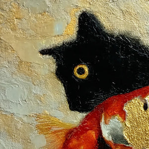THE GOLDEN CATCH: Textured Impasto Painting of a Cat and Fish