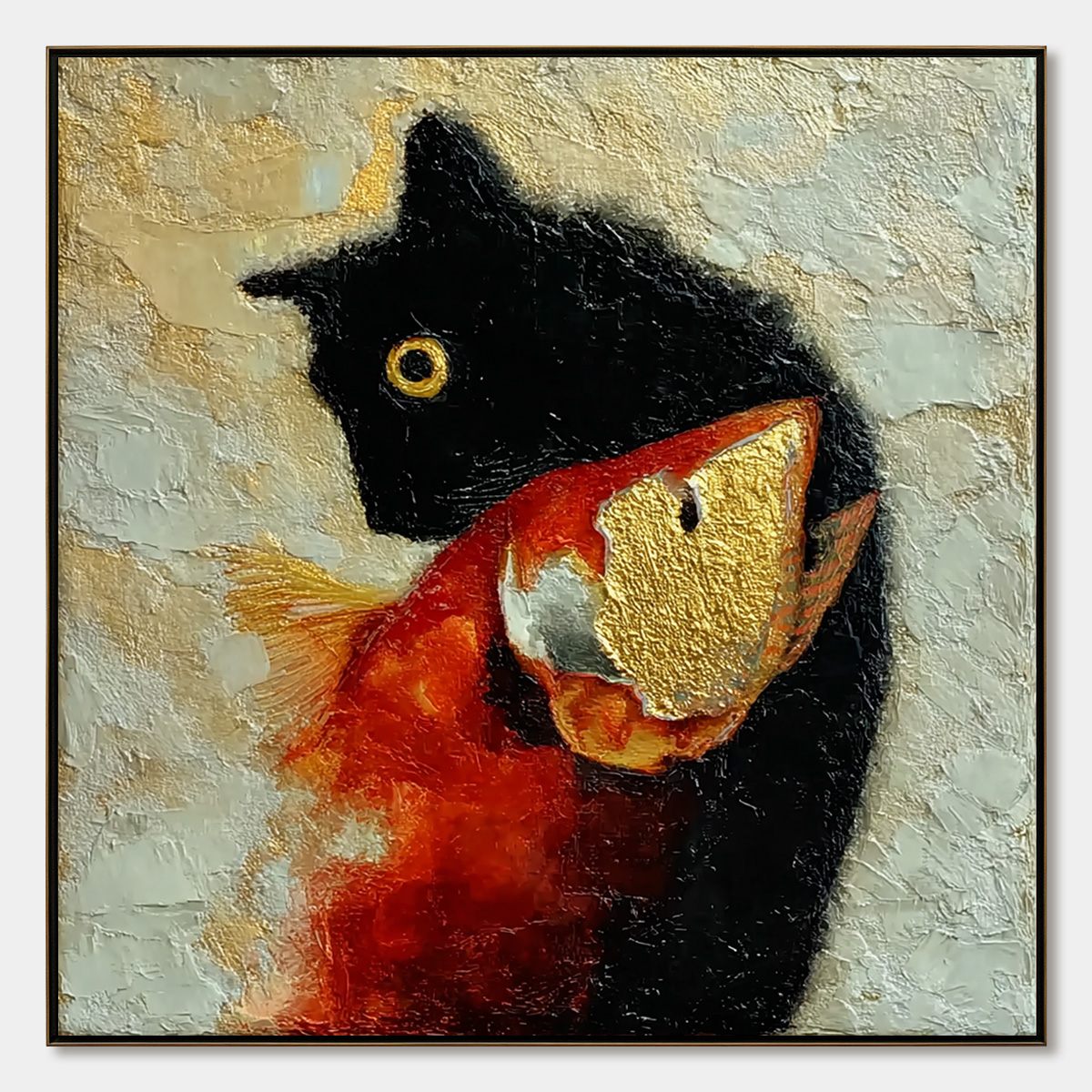 THE GOLDEN CATCH: Textured Impasto Painting of a Cat and Fish