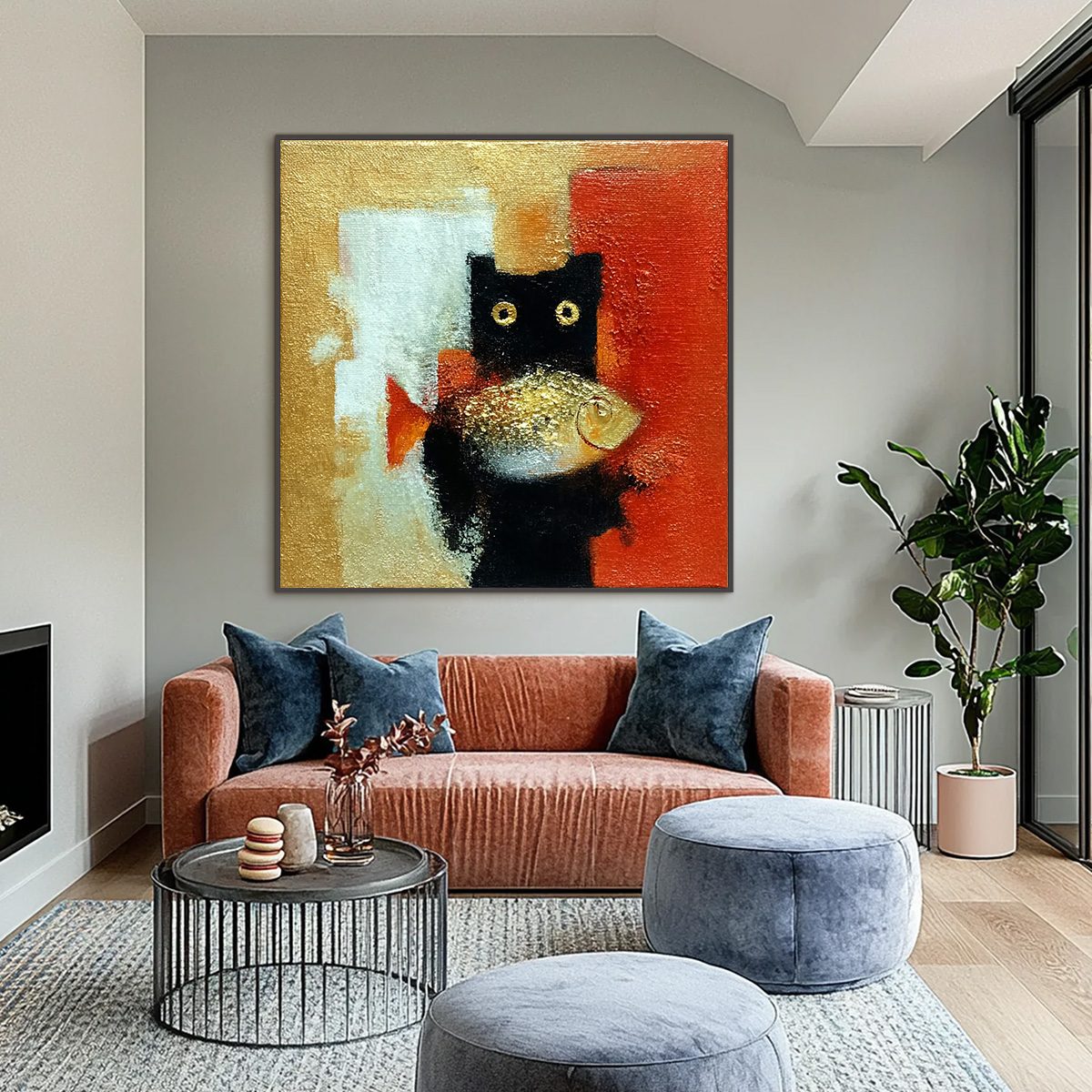 THE GOLDEN CATCH: Whimsical Abstract Black Cat with Golden Fish Painting