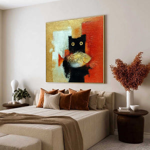 THE GOLDEN CATCH: Whimsical Abstract Black Cat with Golden Fish Painting