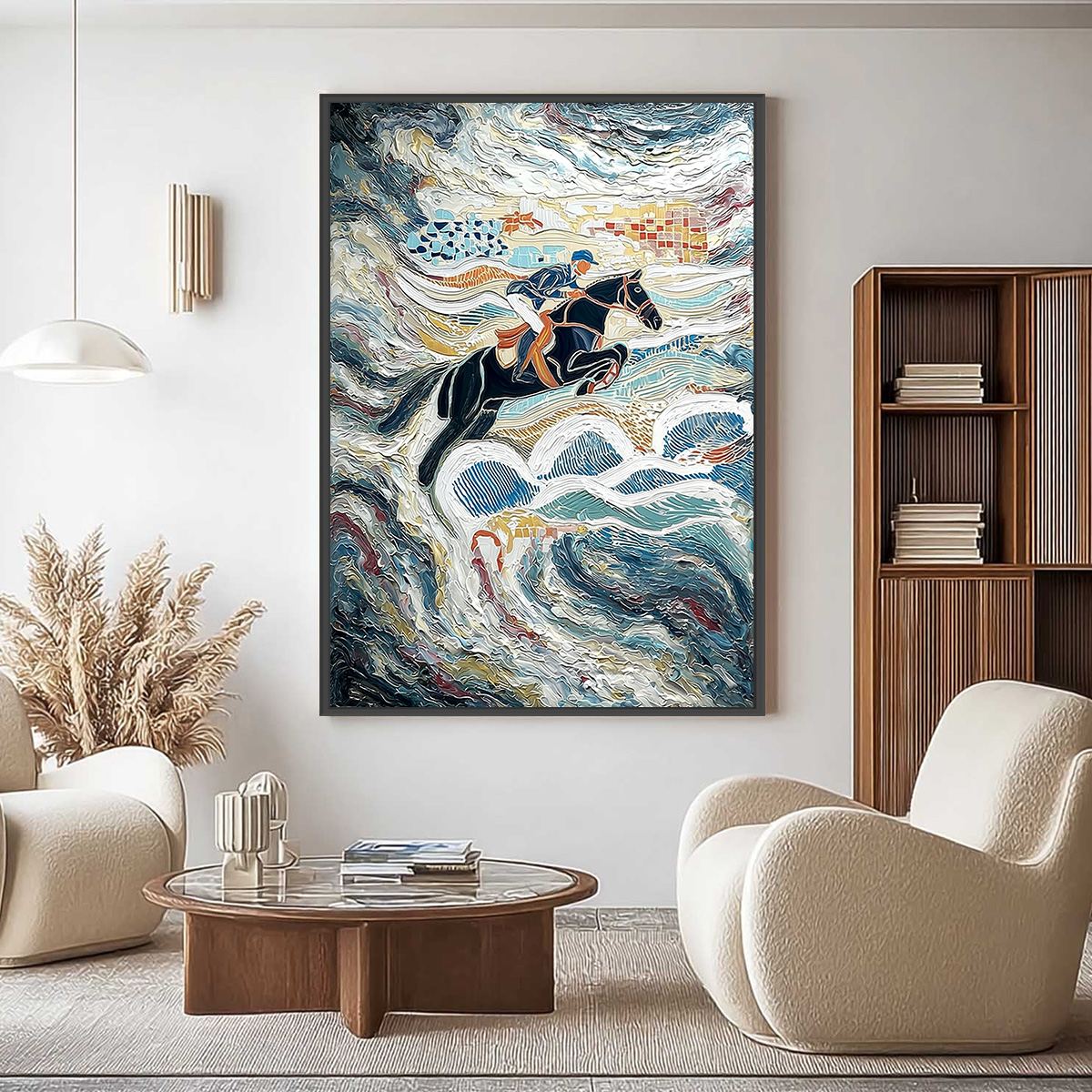 THE GRAND LEAP: Textured Equestrian Sports Painting with Dynamic Motion
