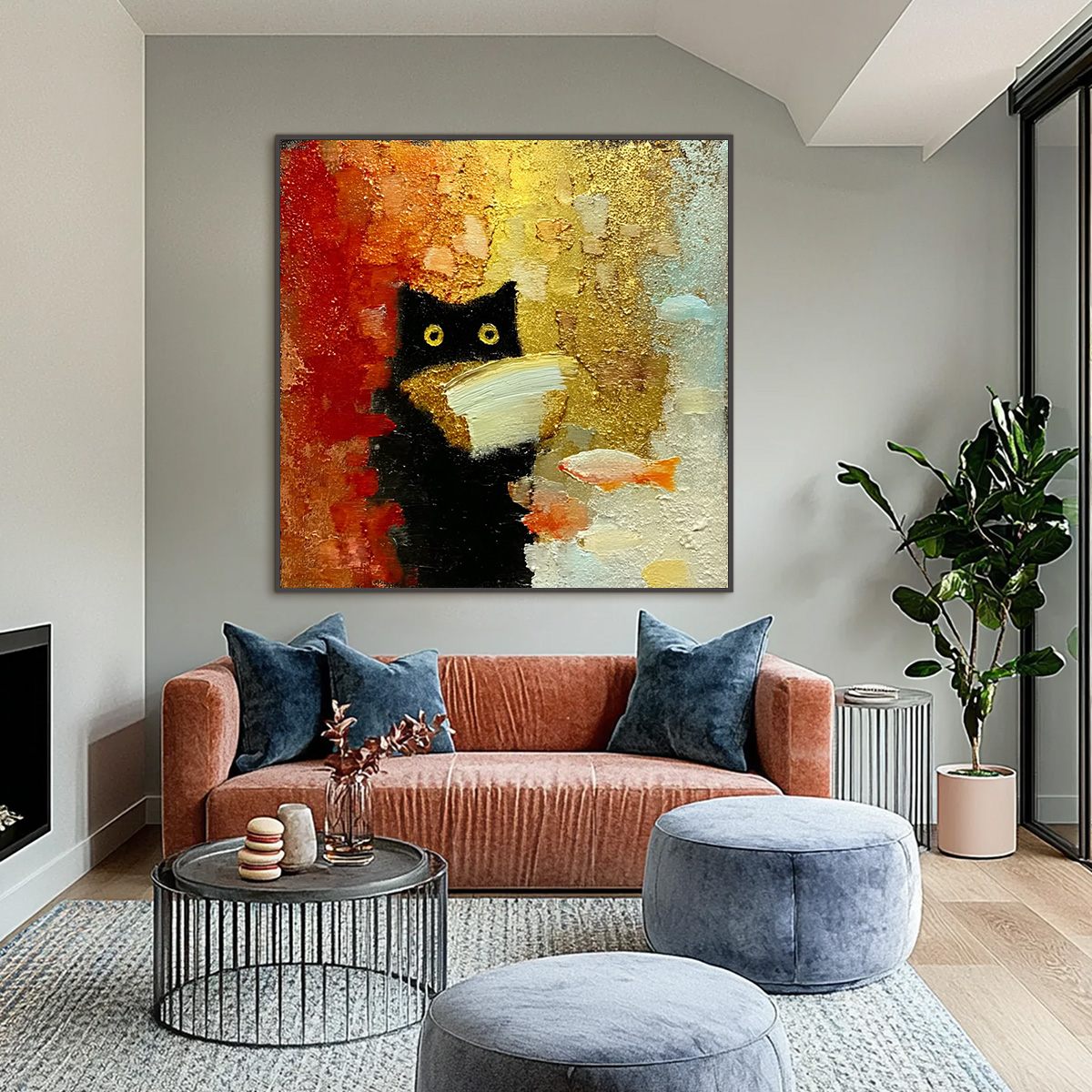 THE MIDNIGHT SCHOLAR: Whimsical Textured Impasto Black Cat Painting