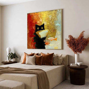 THE MIDNIGHT SCHOLAR: Whimsical Textured Impasto Black Cat Painting