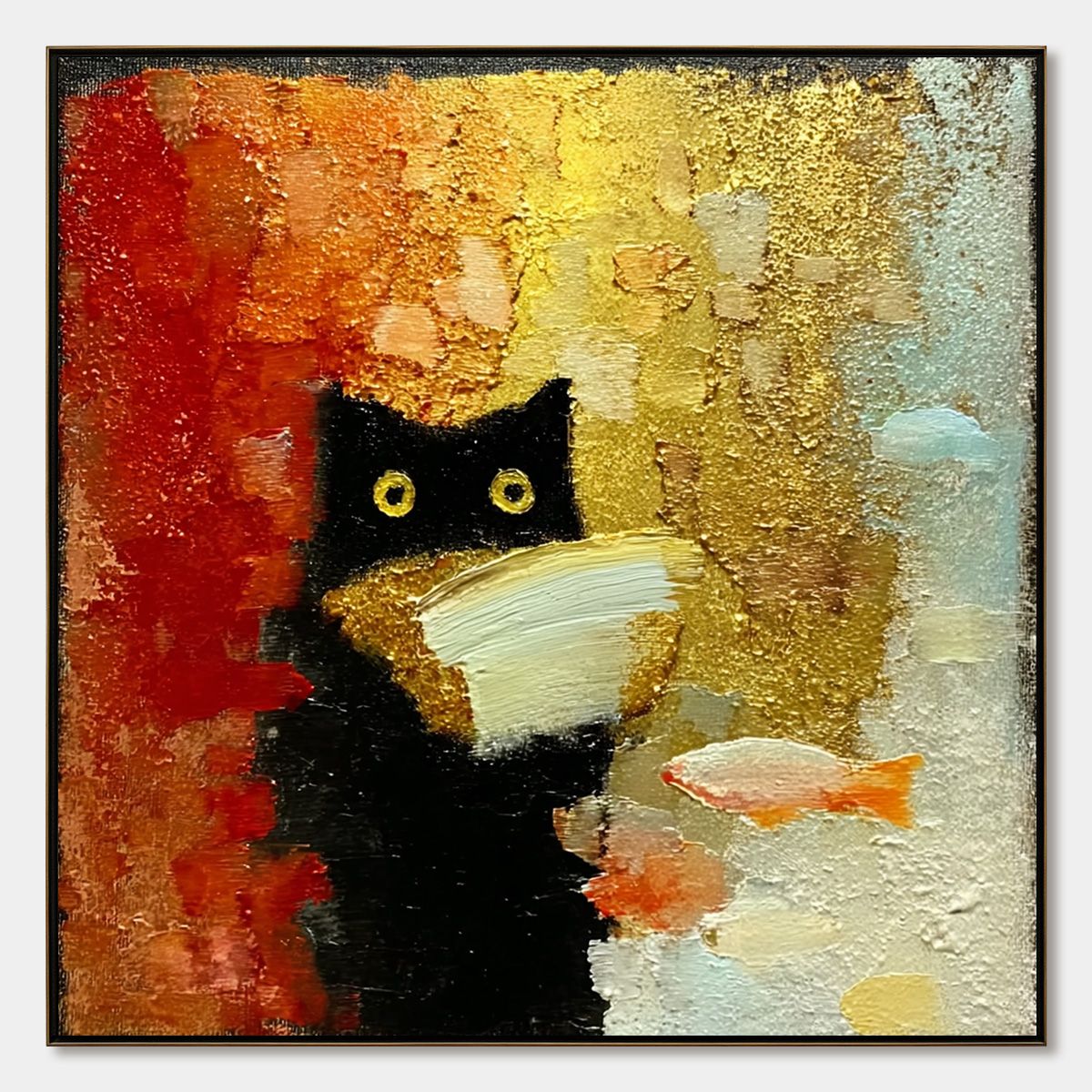 THE MIDNIGHT SCHOLAR: Whimsical Textured Impasto Black Cat Painting