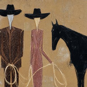 Modern abstract western figurative oil painting with two hat-wearing figures and black horse on beige background