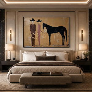 Modern abstract oil painting of two figures and a black horse above a bed
