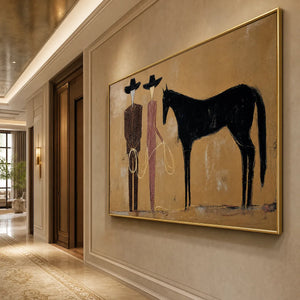 Modern abstract western figurative oil painting of two figures and a black horse in gold frame