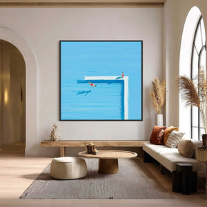 The Plunge: minimalist modern original wall art of diver in summer pool scene