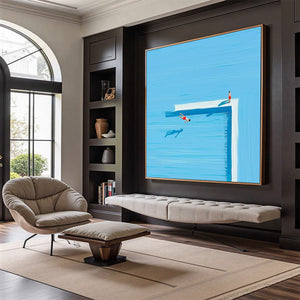 Original abstract oil painting: The Plunge, minimalist modern wall art of summer pool divers.
