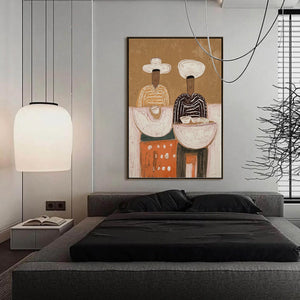 Handmade modern wall art: Original abstract painting 'The Sharing Bowl', two figures sharing bowls, textured.