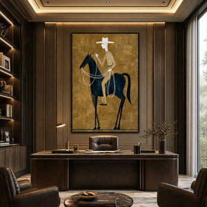 Minimalist equestrian wall art with gold texture, black horse and rider