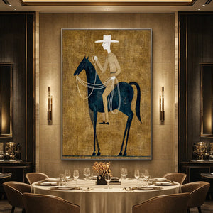 Minimalist equestrian wall art of a white rider on a deep indigo horse against a gold textured background